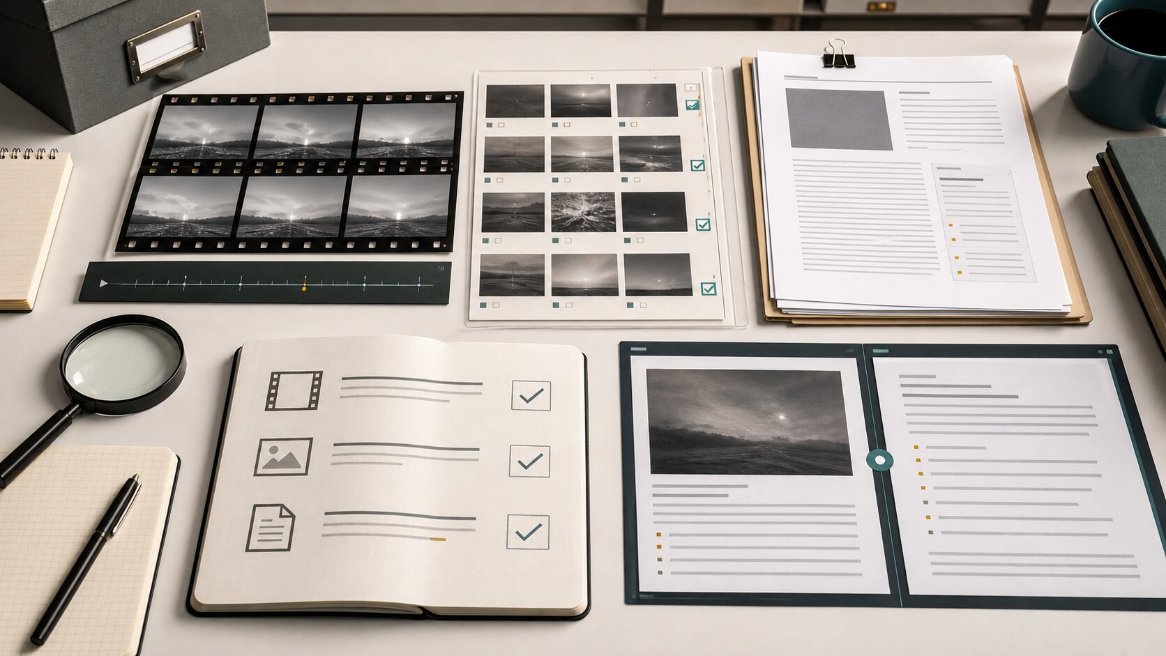 A review table separating video frames, still imagery, and report files for source checking.